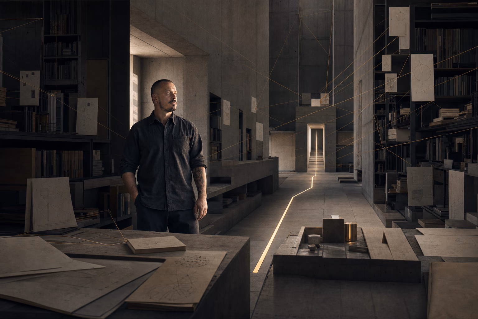 Mikkel Krogsholm står i et monumentalt arkiv, hvor spredte gyldne forbindelseslinjer samler sig til én oplyst vej.