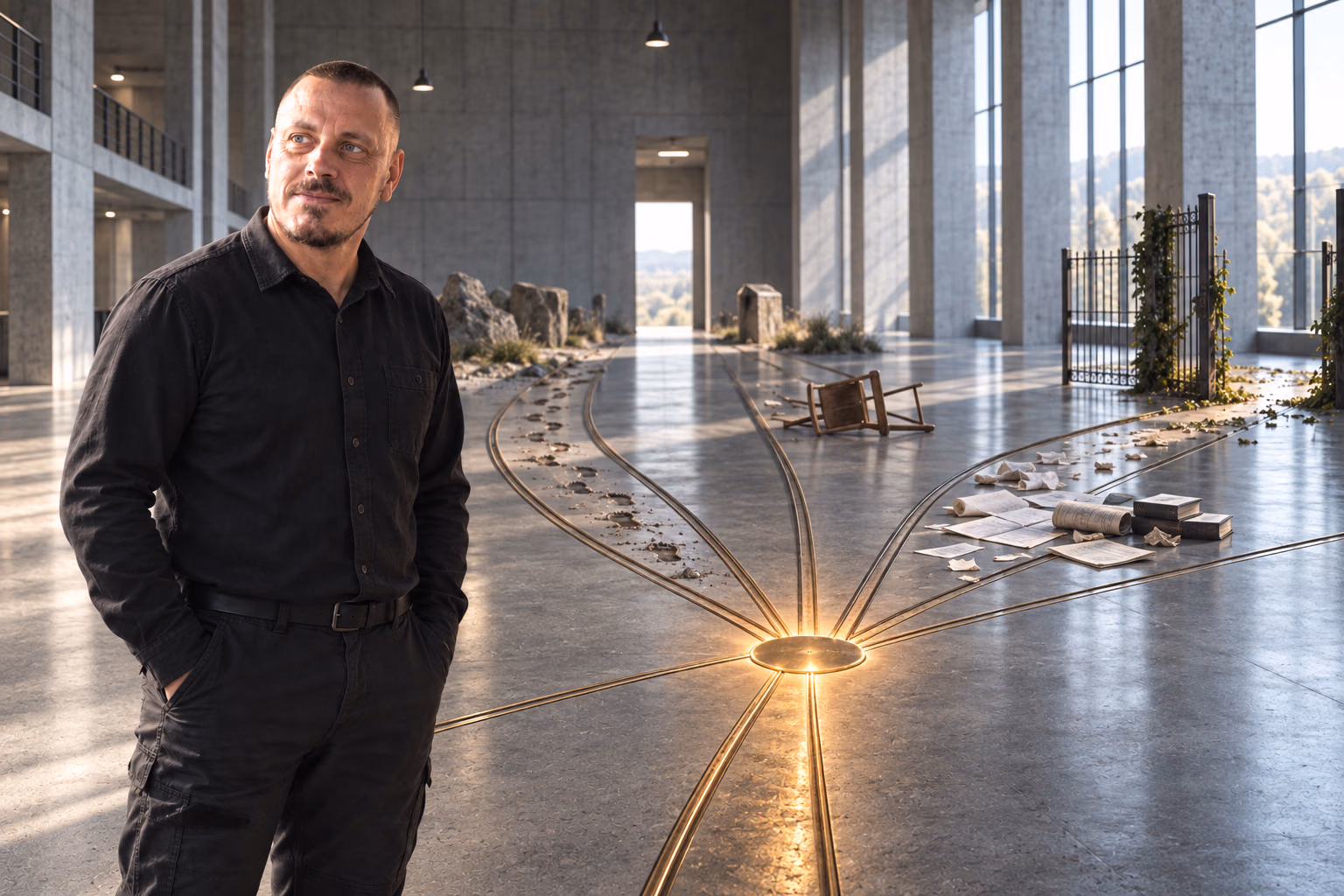 Mikkel Krogsholm står i en monumental betonhal, hvor flere spor mødes i det samme oplyste øjeblik.