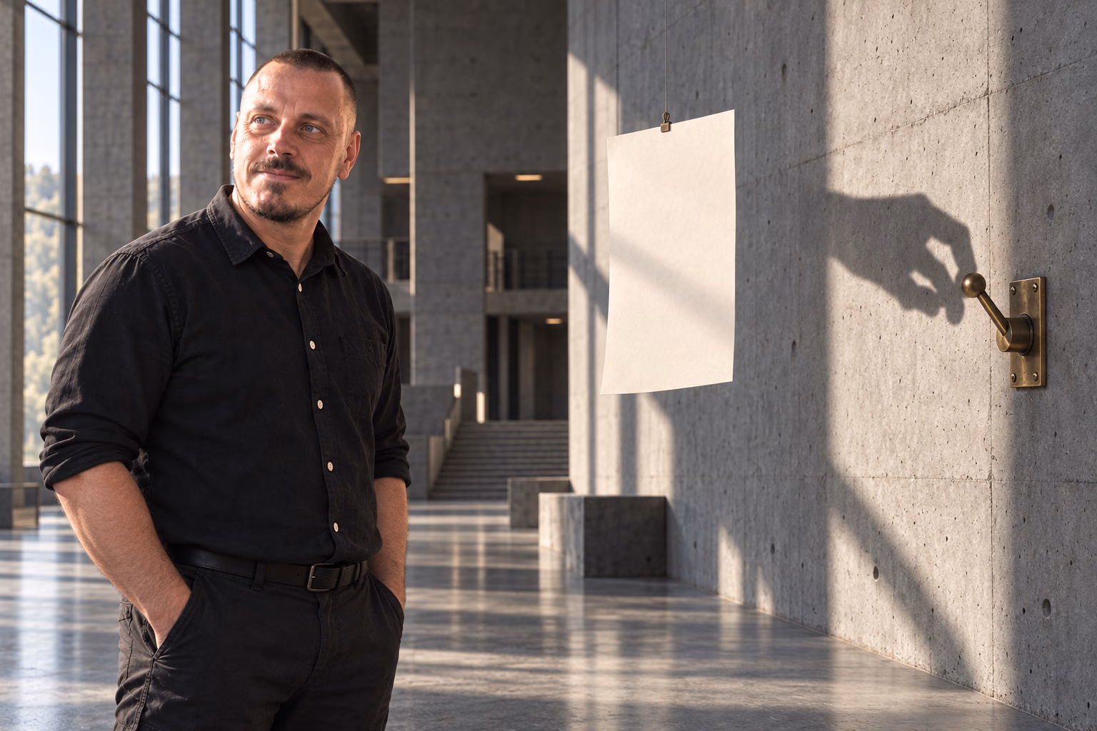 Mikkel Krogsholm står i en monumental betonhal, hvor et blankt ark kaster skyggen af en hånd ved en messingarm.