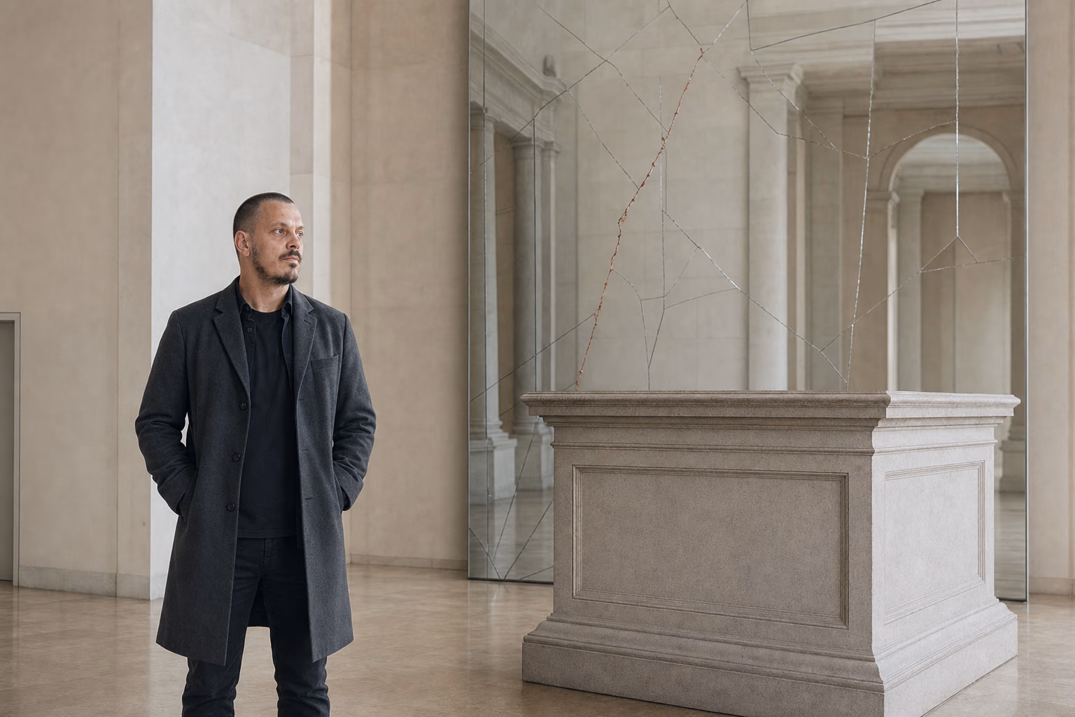 Mikkel Krogsholm foran en tom klassisk sokkel og et stort revnet spejl.