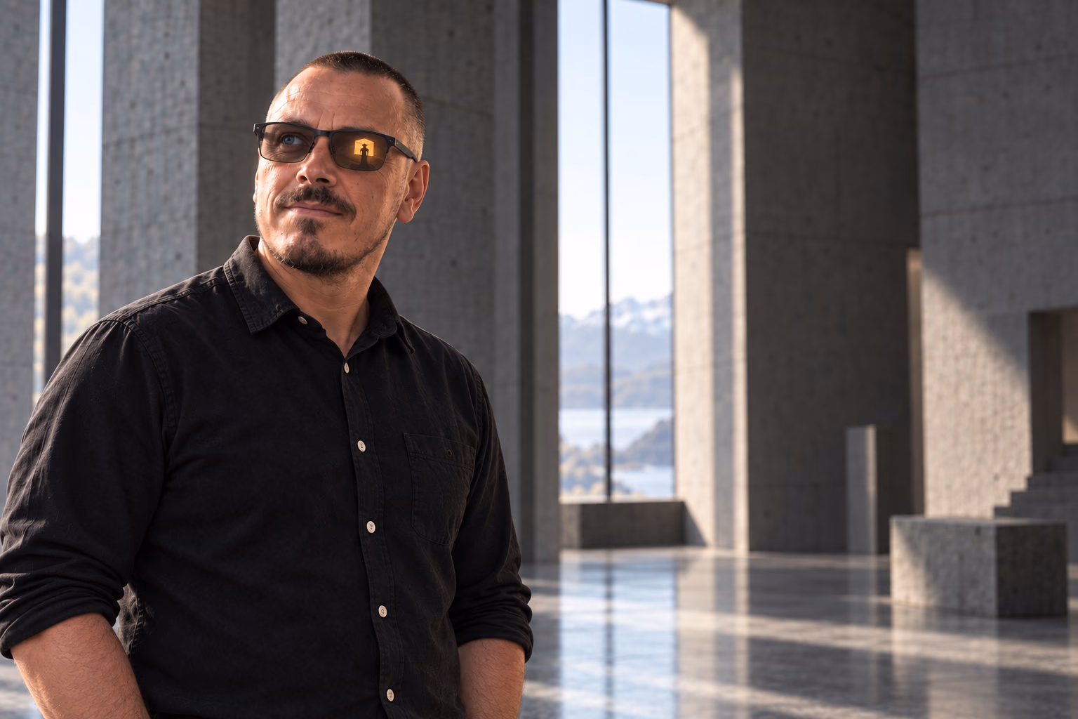 Mikkel Krogsholm står med mørke briller i en monumental betonhal, mens en varm figur anes i glassets refleksion.