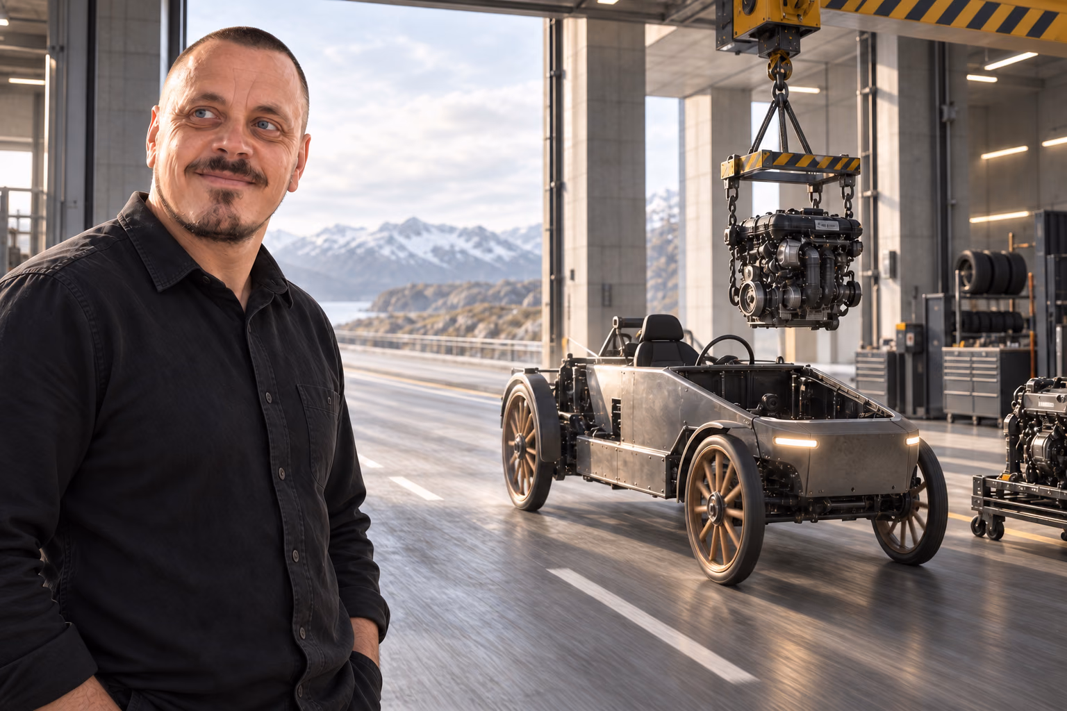 Mikkel Krogsholm betragter et køretøj, der får skiftet motor, mens det stadig bevæger sig.