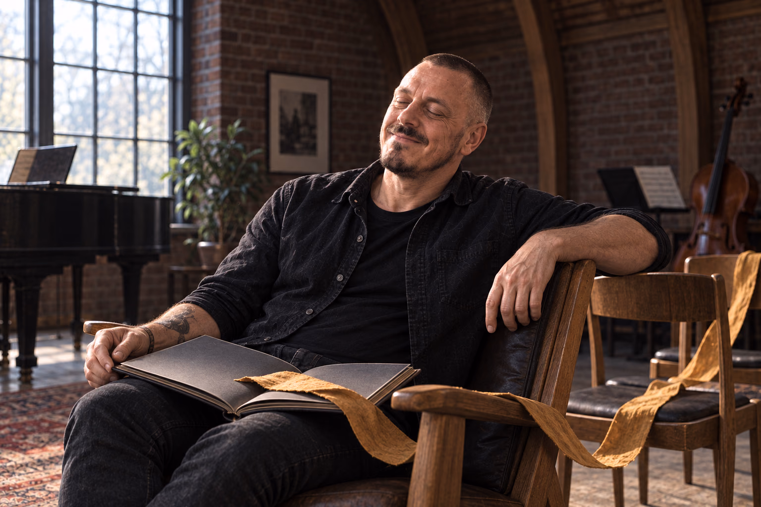 Mikkel Krogsholm læner sig tilbage med et smil i et musikrum; et stofbånd forbinder albummet på hans skød med tomme stole.