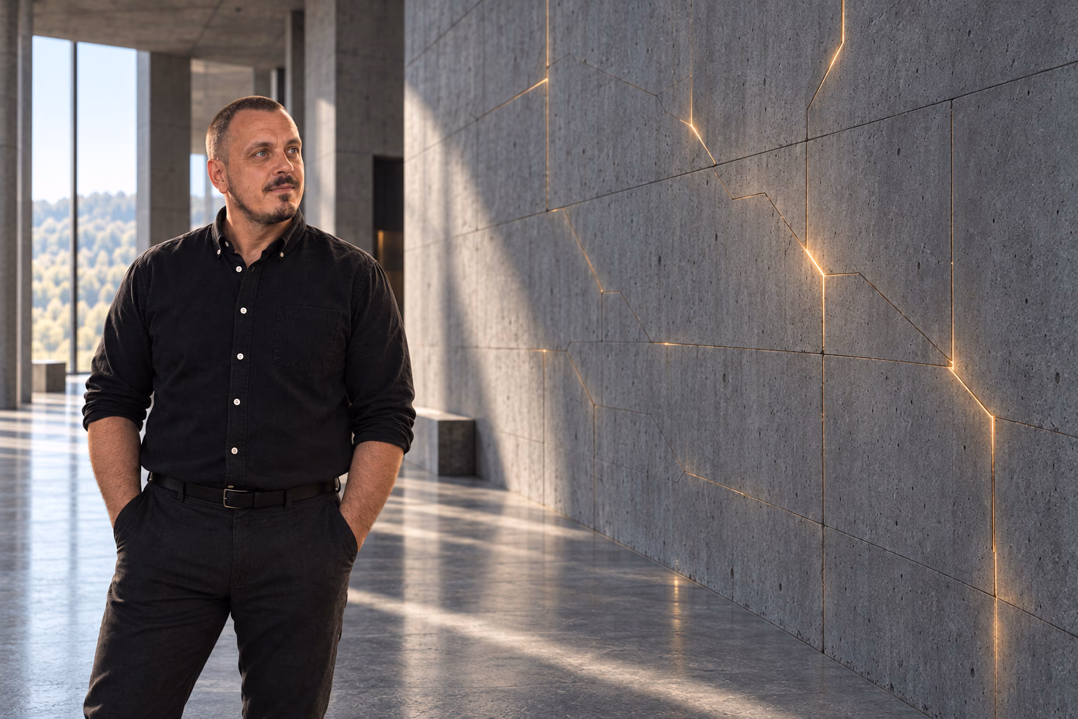 Mikkel Krogsholm står i en monumental betonhal, hvor et varmt netværk langsomt bliver synligt under en massiv væg.