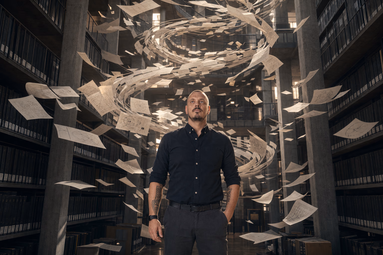 Mikkel Krogsholm står i et monumentalt arkiv, hvor dokumenter samler sig i en spiral.