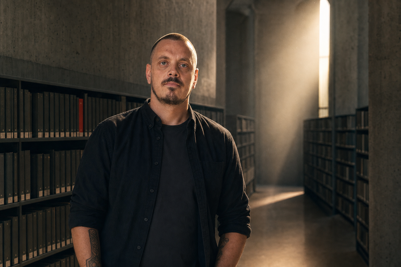 Mikkel Krogsholm i et nordisk arkiv gennemskåret af en varm lysstråle